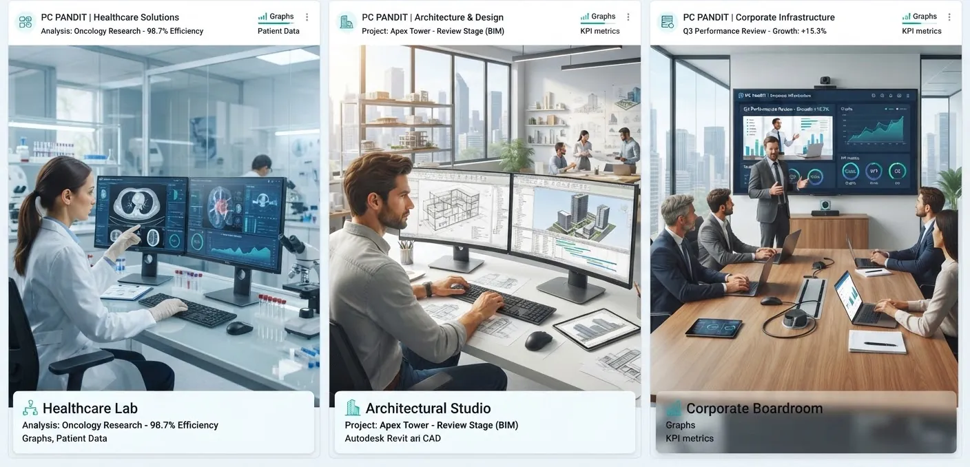 PC Pandit deployments across a healthcare lab, an architectural studio and a corporate boardroom.